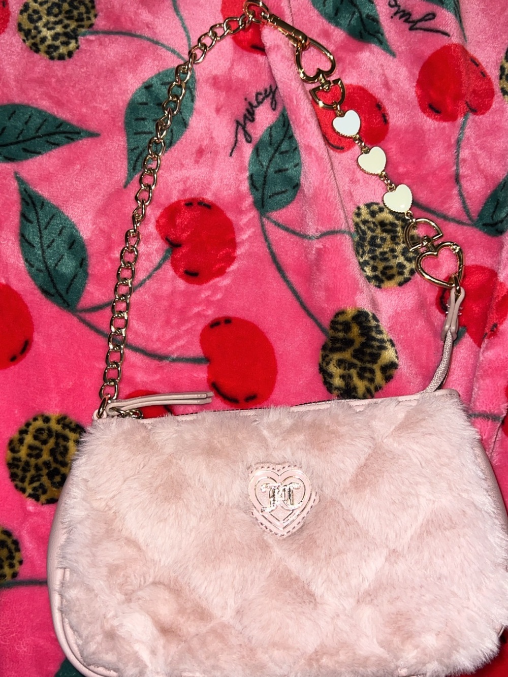 Juicy Couture Blush Pink Faux Fur Mini Bag with Gold Heart Chain